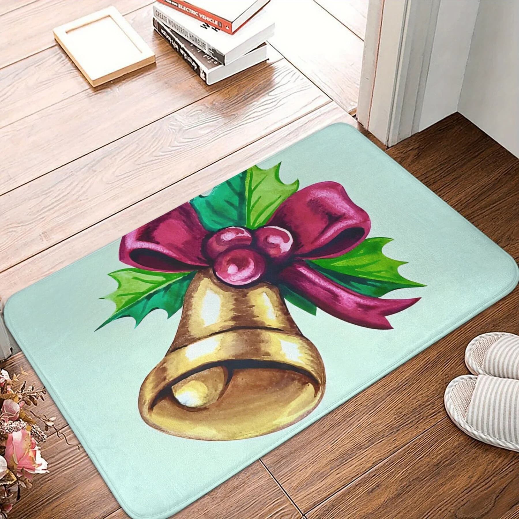 Zerbino antiscivolo Jingling Bell da 1 pezzo, tappetino di benvenuto per interni per le vacanze con design a campana dorata e agrifoglio, flanella di poliestere leggera M
