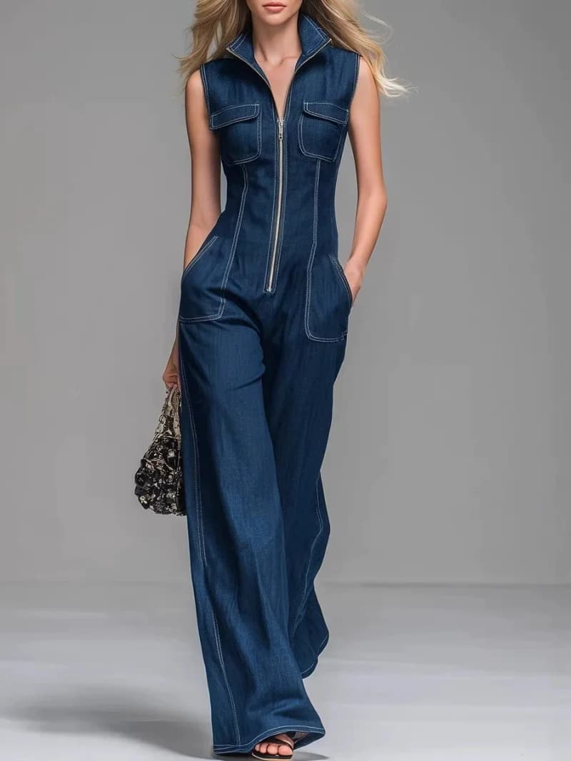 Eleganti Tute in Denim Estive da Donna 2026 Senza Maniche con Zip, Pantaloni Larghi in Jeans, Pagliaccetti, Tute Intere, Completi