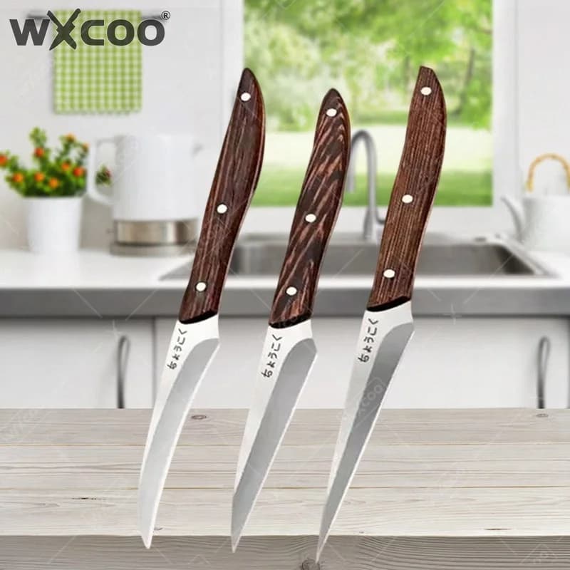 WXCOO Set di 3 Coltelli da Intaglio per Alimenti, Coltello da Cucina Professionale, Coltello per Sbucciare Frutta in Acciaio Inox con Manico in Legno