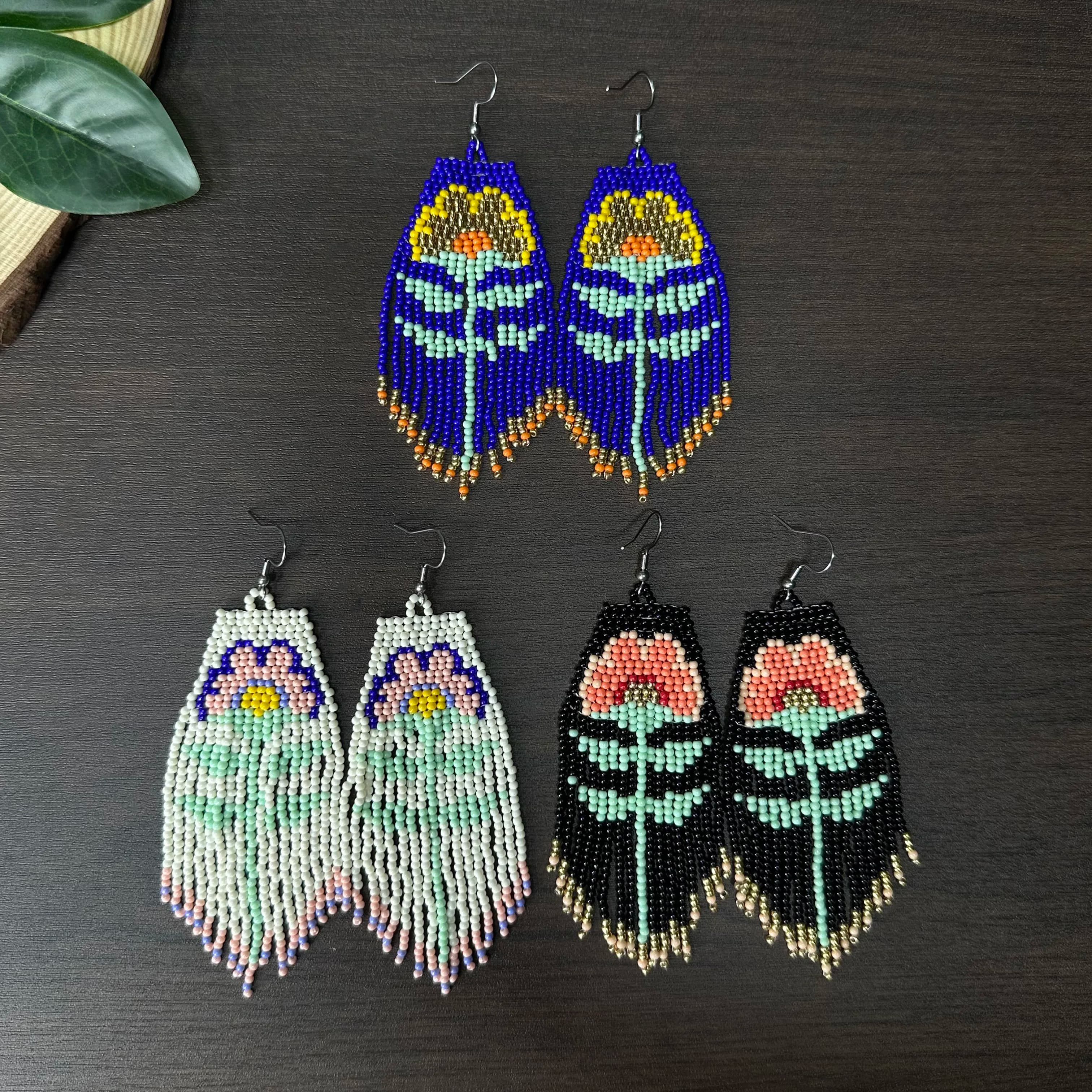 Flower Fringe Earrings Bohemian Rustic Style Beaded Jewelry Handmade Seed Bead Dangle Hook Earrings Everyday and Vacation Wear