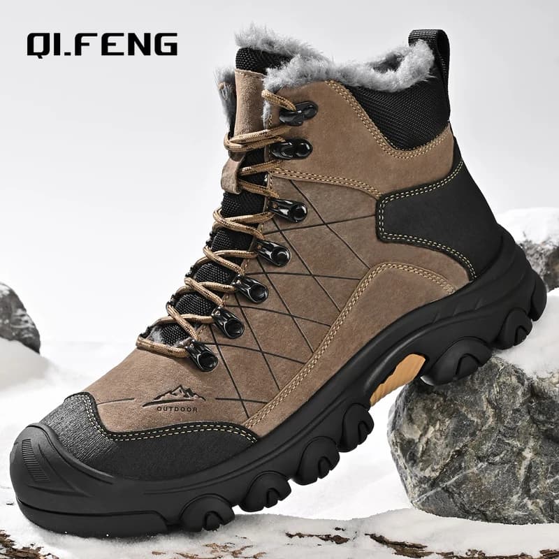 Stivali da neve in peluche da esterno in vera pelle da uomo Stivali alti antiscivolo resistenti all'usura Stivali caldi Escursionismo invernale Sneaker di grandi dimensioni