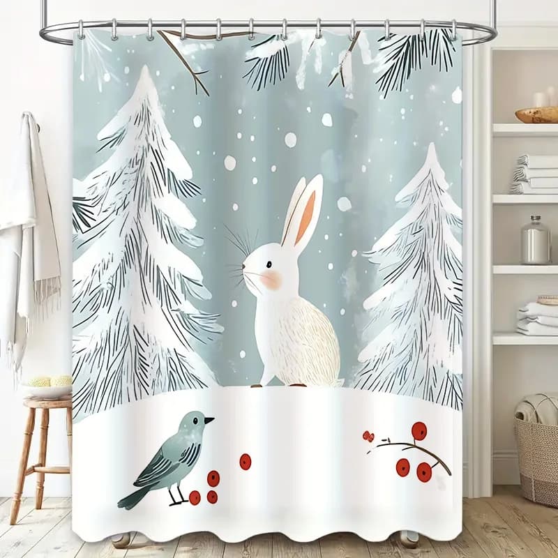 Tenda da doccia invernale con coniglio bianco e uccello blu, design animale carino per il bagno dei bambini, ganci antiruggine impermeabili e durevoli ‌