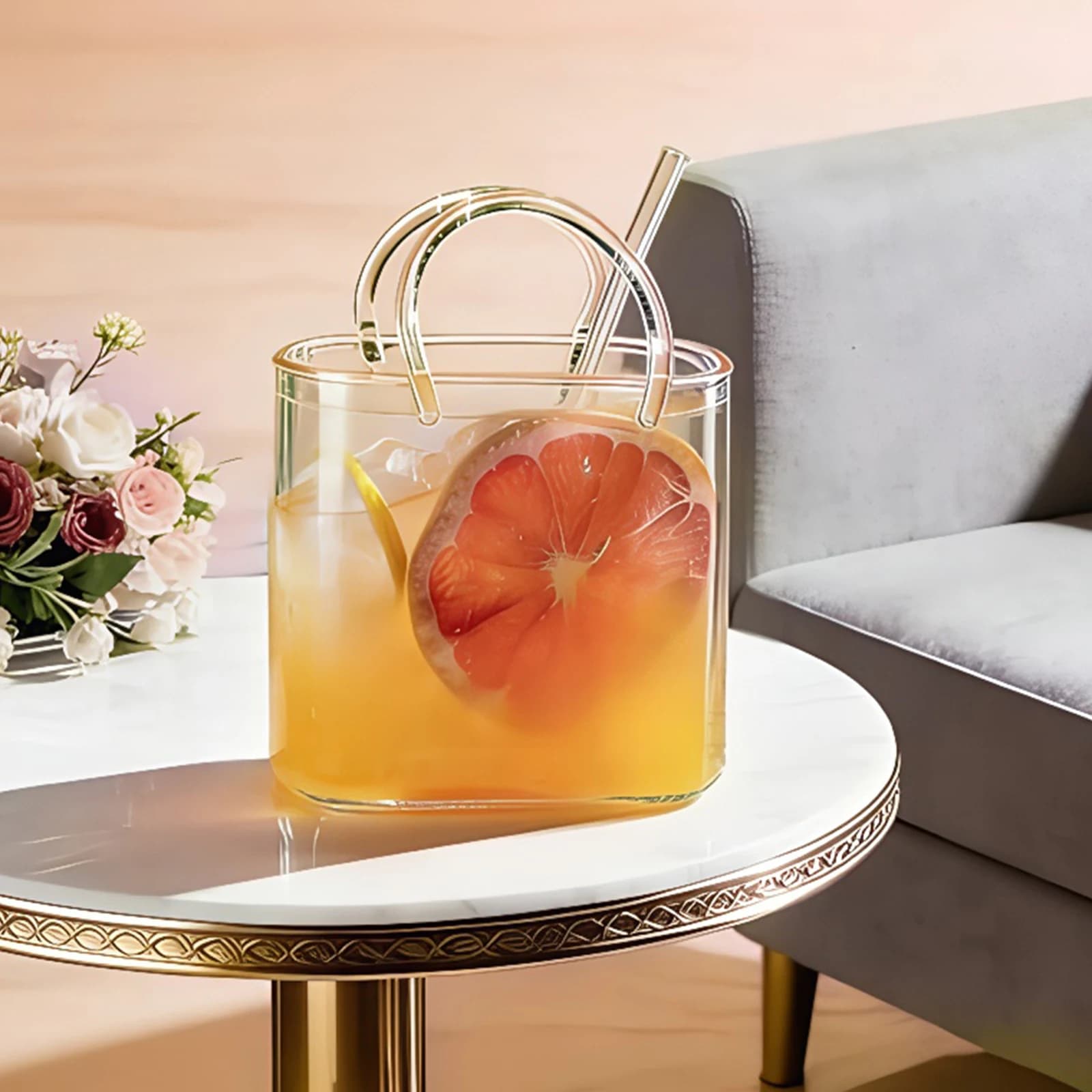 Borsa in Vetro con Cannuccia in Vetro, Tazza Creativa a Forma di Borsetta, Vasi Decorativi per Fiori, Set per Bevande da Festa per Donne