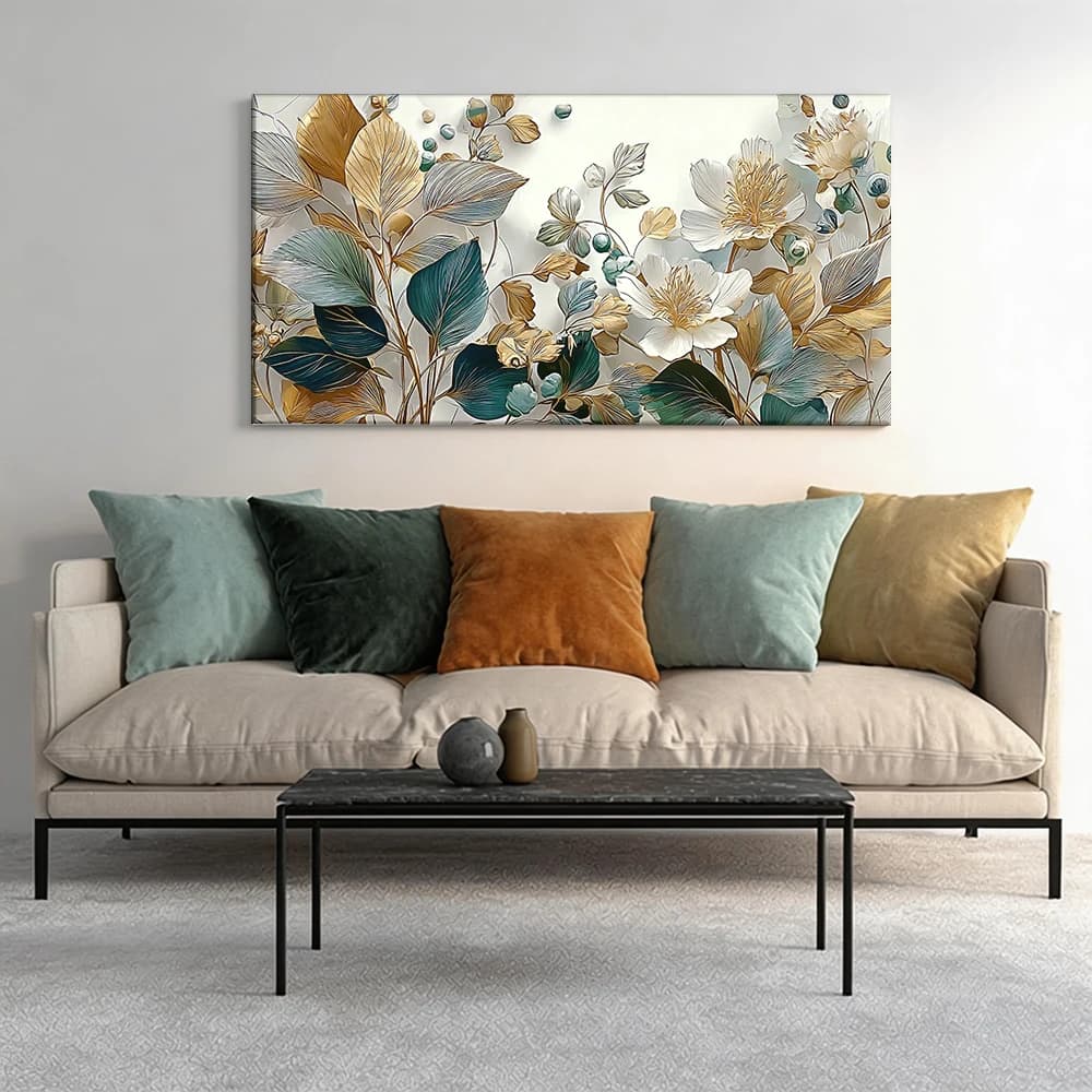 Painted on canvas with large wooden frame, 1 piece, wall decoration with floral leaves, delicate tones.