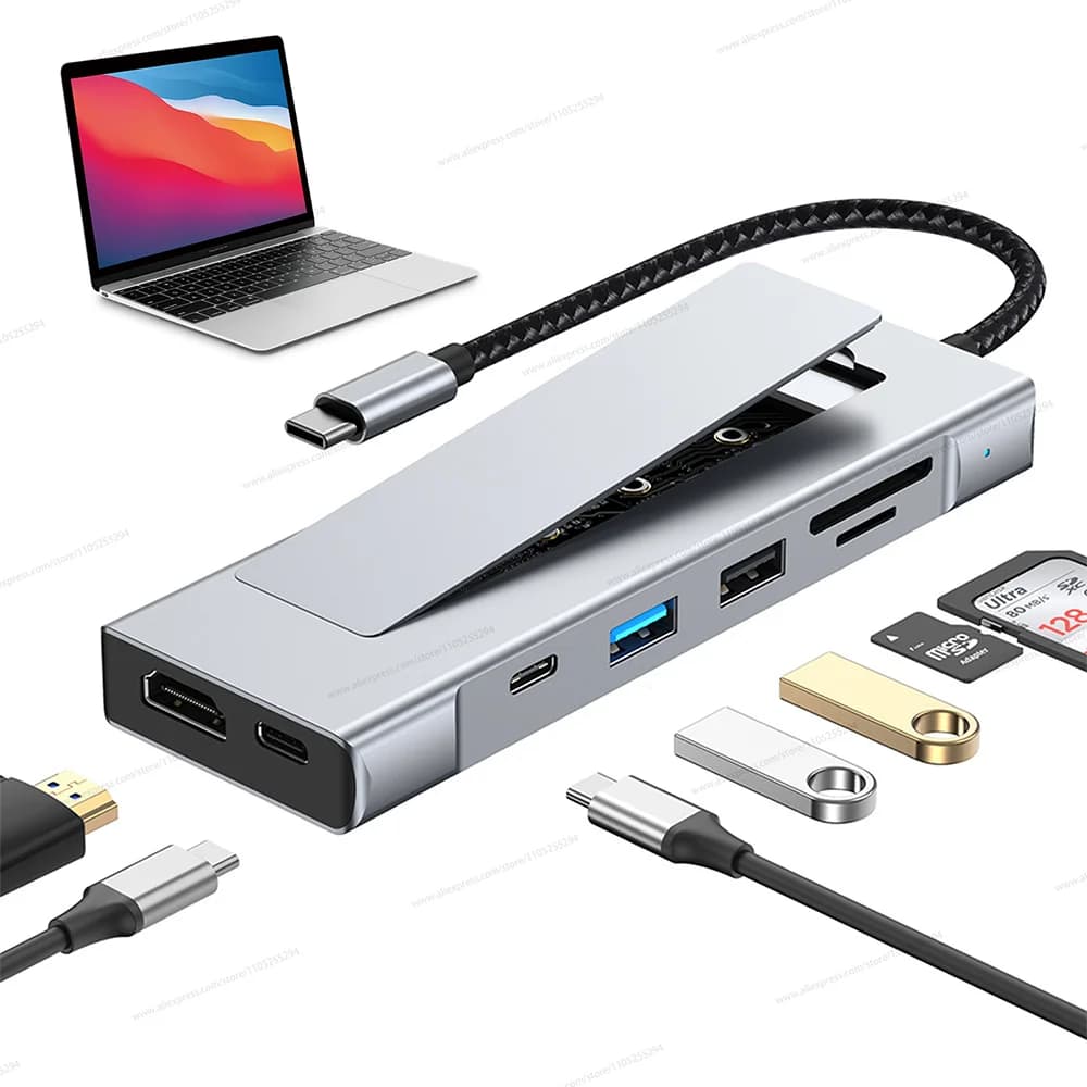 Hub USB-C 8-in-1 con Enclosure per SSD M.2 NVMe, HDMI 4K, PD 100W, USB-C 10Gbps, USB 3.1, Lettore di Schede SD/TF