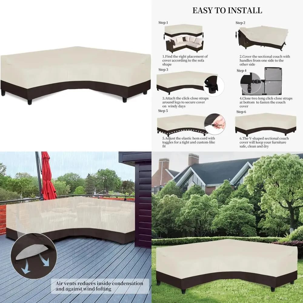 Copertura per divano componibile da esterno a forma di V, copertura impermeabile per mobili da giardino, resistente con sfiato, 118L x 33.5P x 31H, Beige/Bro