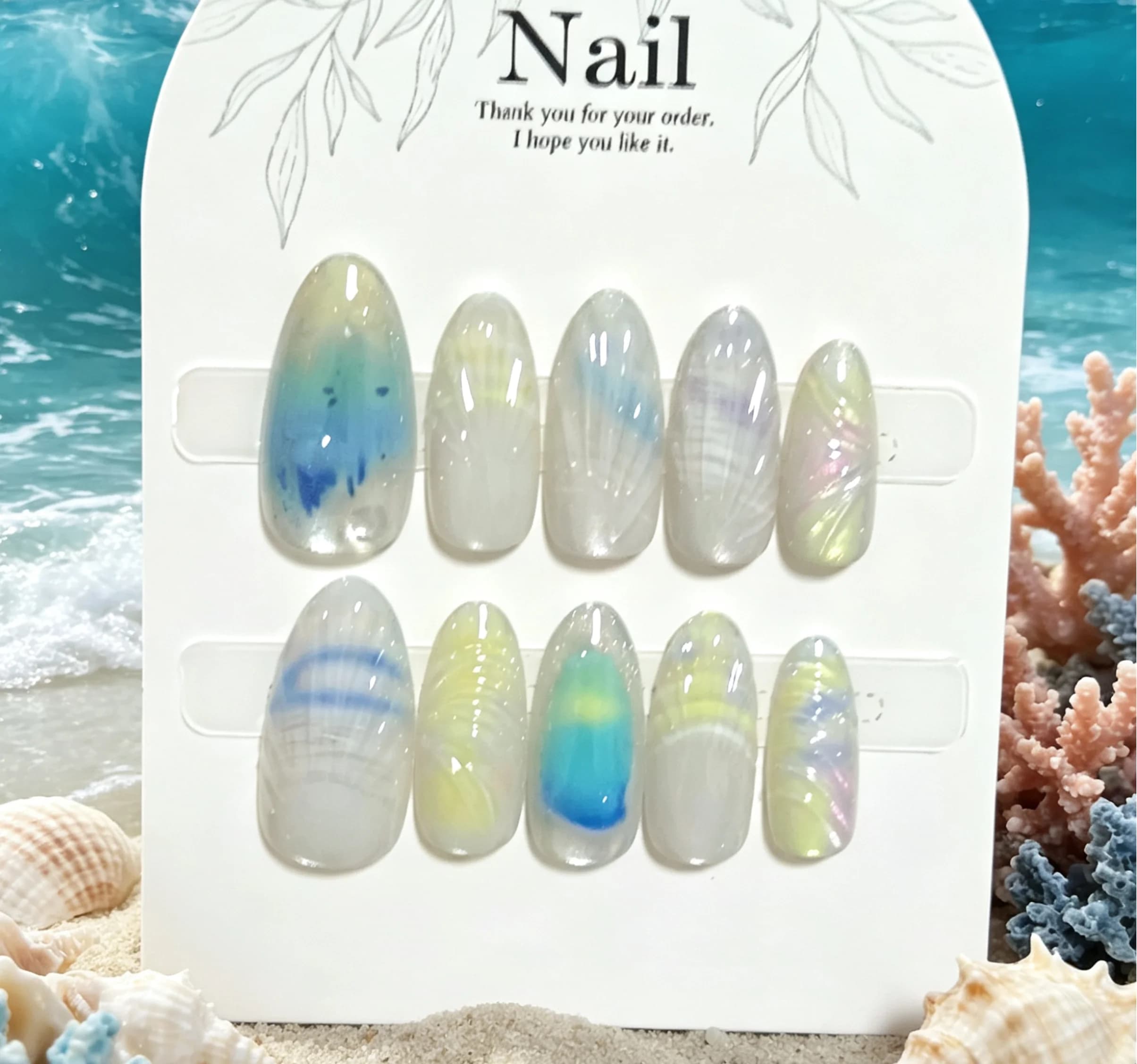 10pcs Shell Beach Blue Cat Eye Handmade Press On False Nails Almond Shape Ocean Gradient Reusable Fake Nails Women Manicure Set