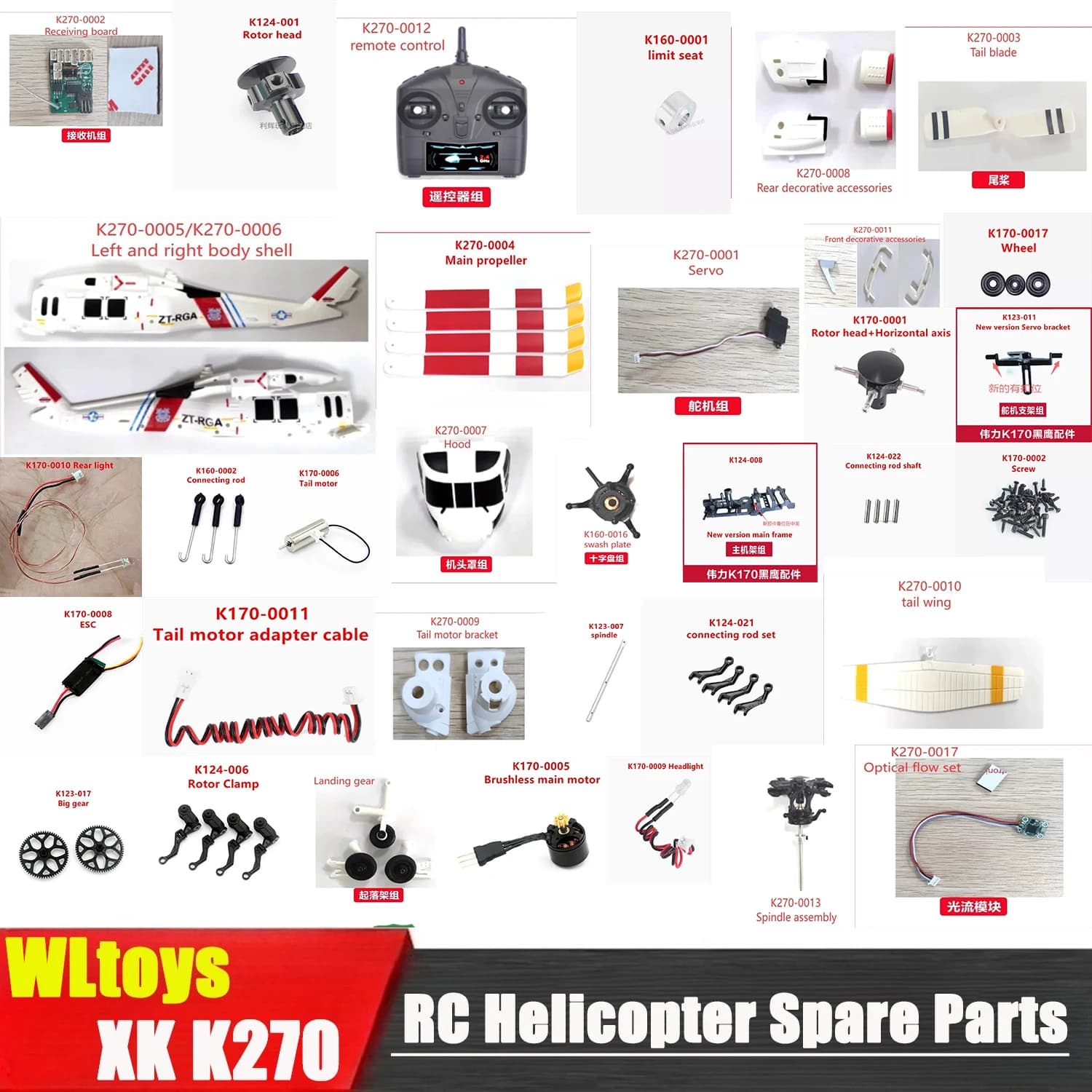 Wltoys XK K270 Collezione di parti di elicotteri RC Pala dell'elica principale Rotore Clip Carrello di atterraggio Motore Sterzo ESC Collegamento Ro