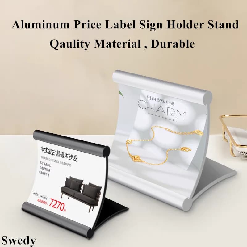 6 Pezzi Porta Cartellini in Alluminio 70x50mm, Espositore da Tavolo per Numeri, Menu, Codici QR, Piccole Etichette di Prezzo, Cartellini di Carta