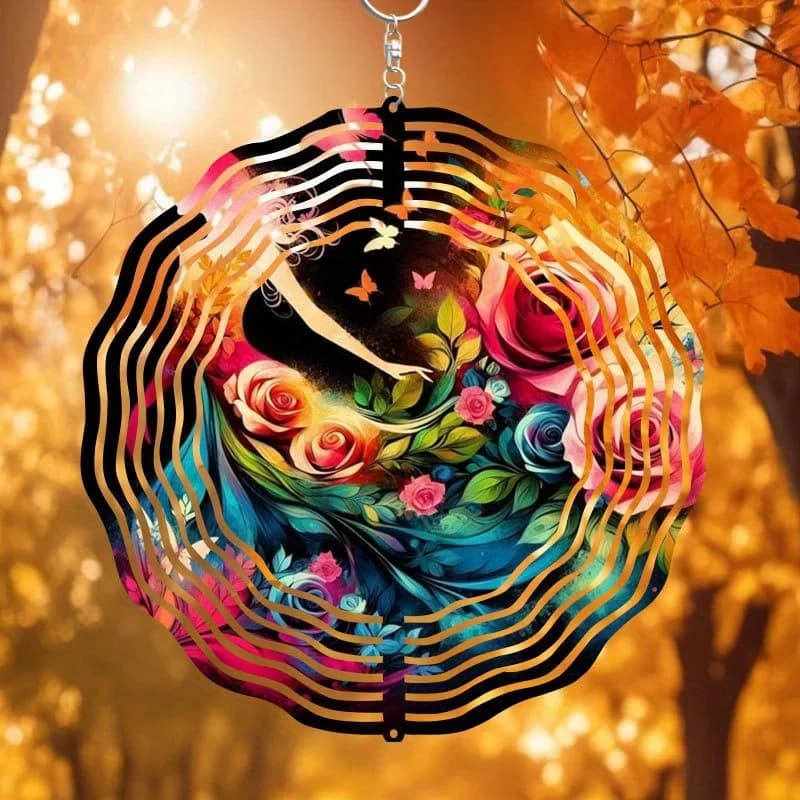 2D Flat Bohemian Metal Rose Wind Chime Dreamcatcher, 10 Inch Stained Glass Floral Decor for Garden Indoor Outdoor, Christmas Hal