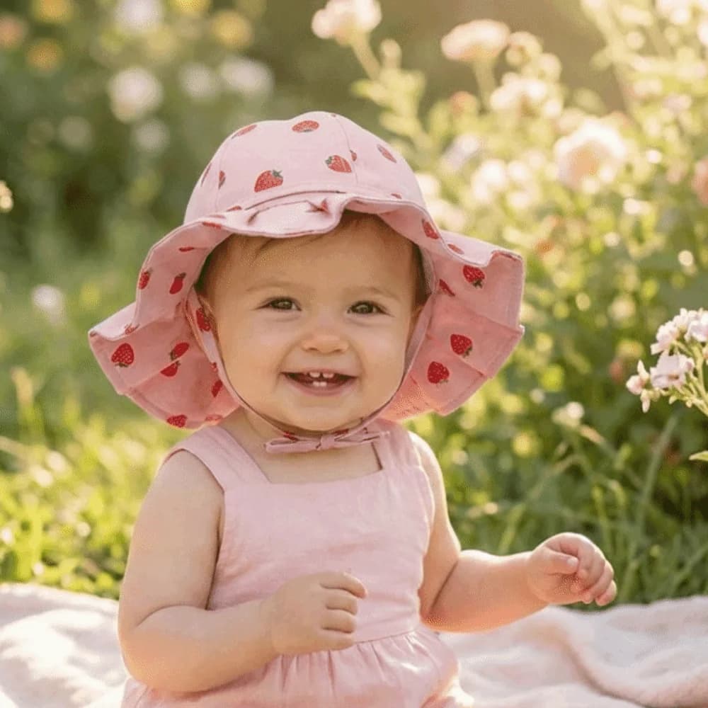 Cappello da Sole per Bambina in Cotone con Stampa Frutta e Fiocco, Cappello a Secchiello per Bambini con Stampa Floreale, Protezione UV, Cappellino da Principessa per Bambini