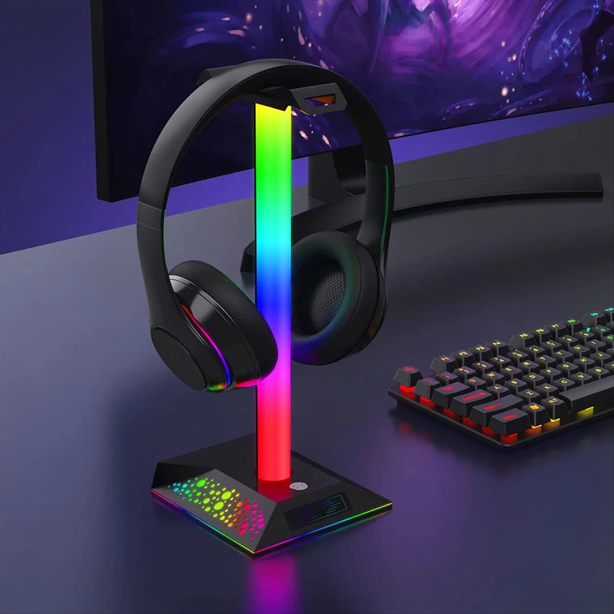 Reliable-Game Headphone Stand RGB Light with Dual USB Ports 3.5mm Audio Touch Headphone Stand Light