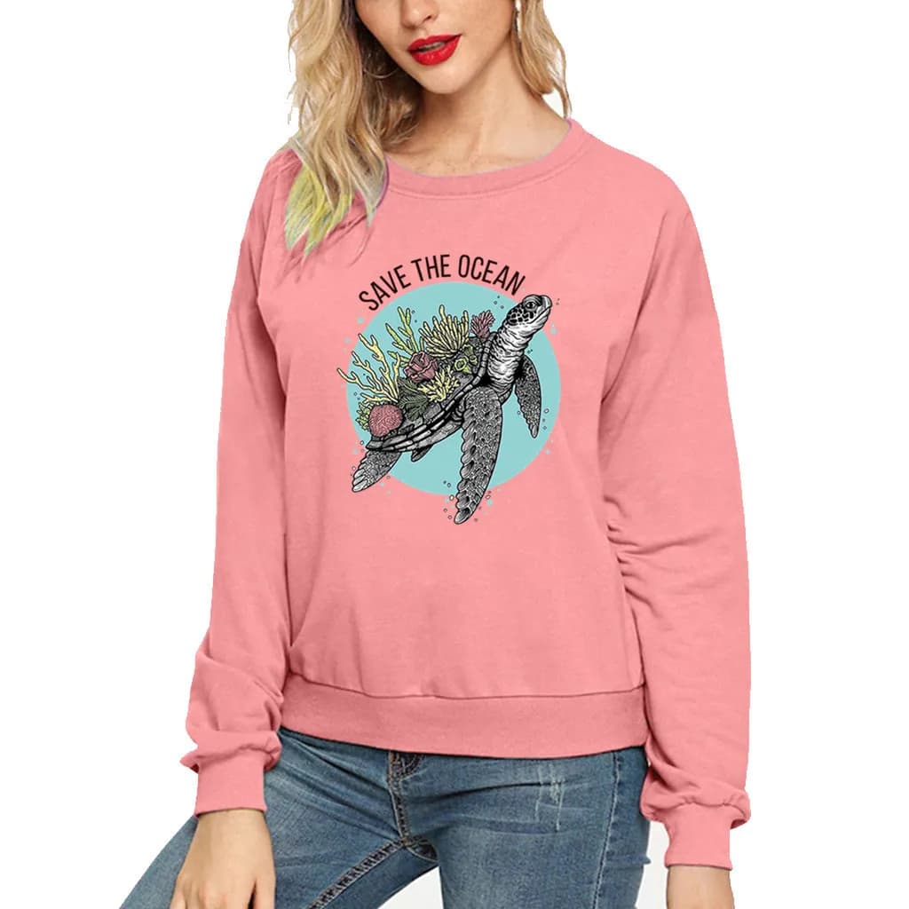 SAVE THE OCEAN Felpa con cappuccio girocollo a maniche lunghe con stampa tartaruga Felpe da donna Abbigliamento Estetico Streetwear Donna