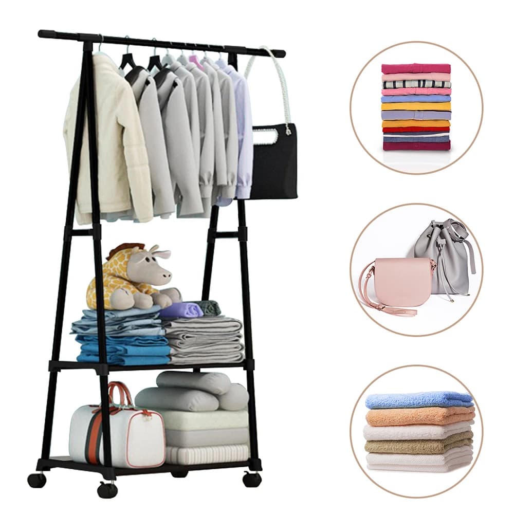 Appendiabiti Scaffali portaoggetti a 2 livelli Organizzatore porta abiti con ruote in acciaio inossidabile con ruote 2 ganci appendiabiti per scarpe e abbigliamento