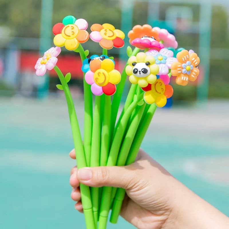 20 Pezzi/Lotto Penne Gel Morbide Kawaii con Fiori Cartoon, Inchiostro Nero 0.5mm, Penne Neutre con Panda e Fiori Sorridenti, Cancelleria per Ufficio e Scuola