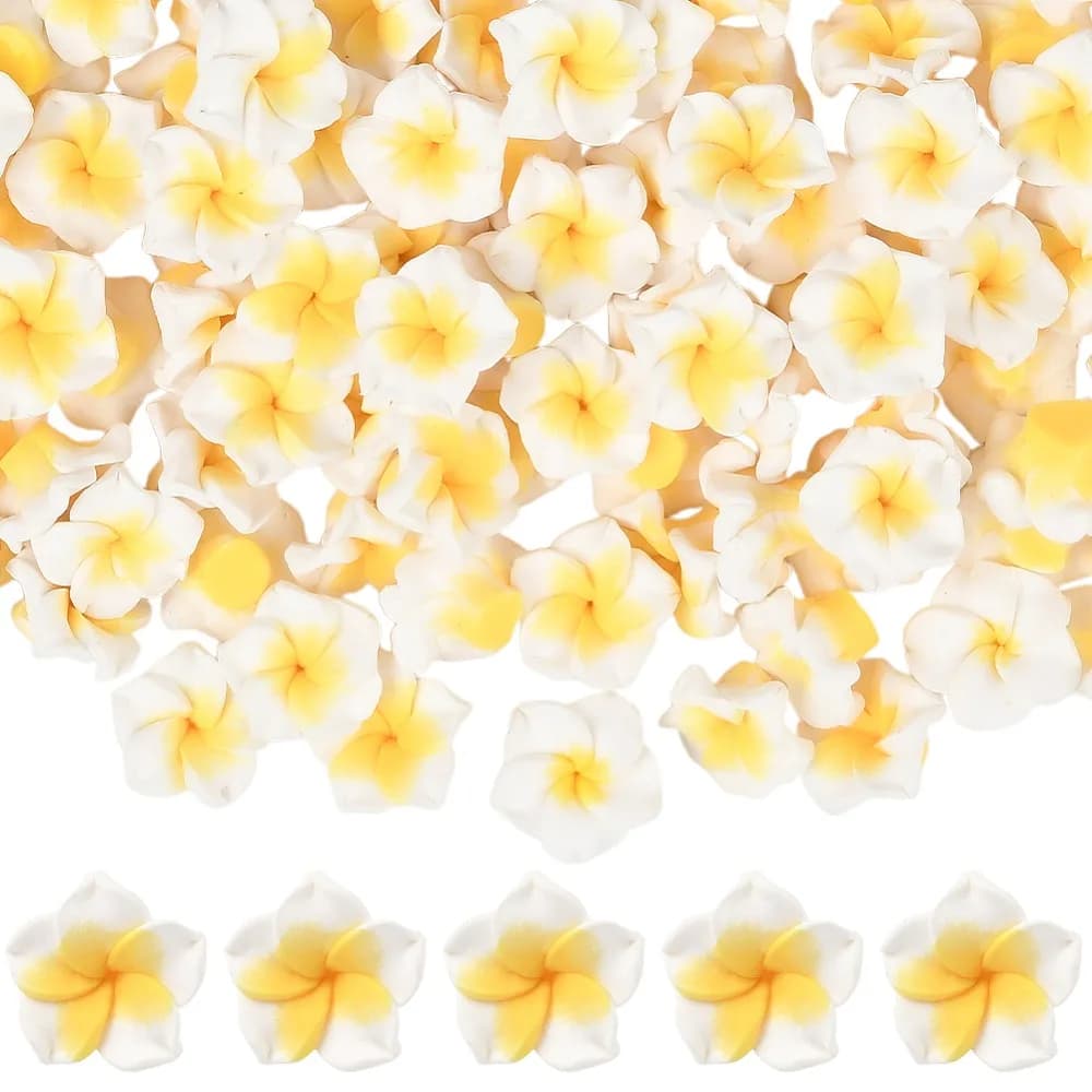 100Pcs Handmade Polymer Clay 3D Flower Plumeria Beads White 15x8mm Hole: 2mm