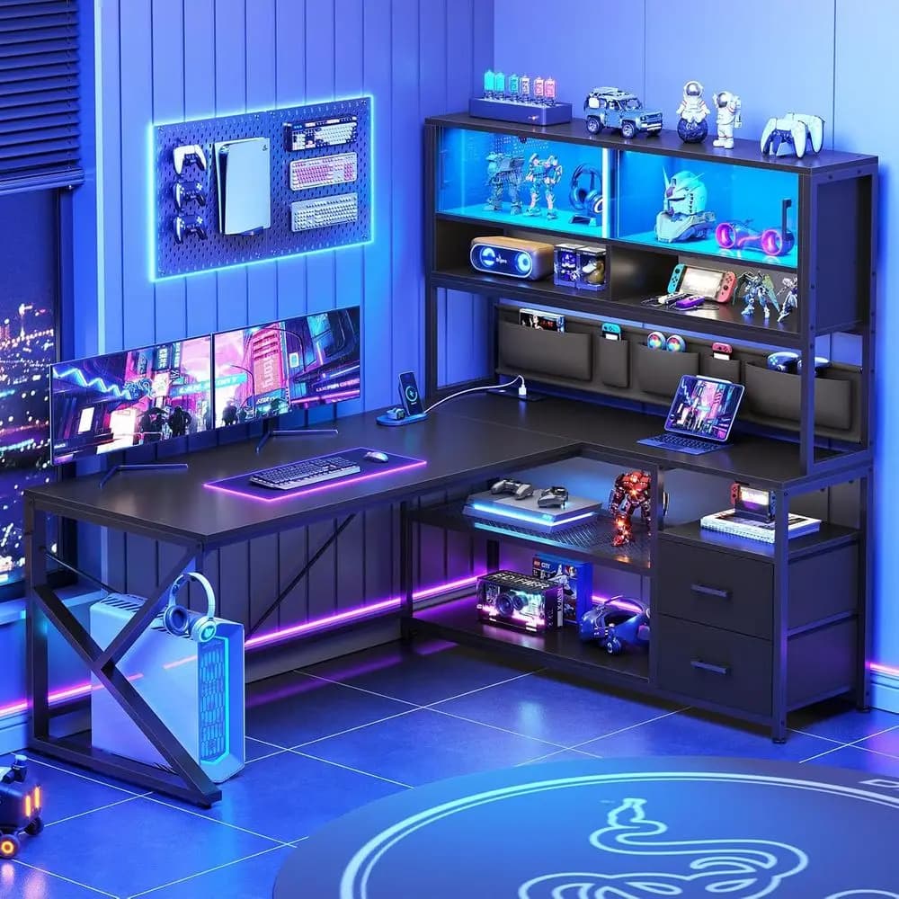 Scrivania da Gaming a L Nera con Luce LED, 2 Cassetti, Libreria, Vetrina e Ripiani Portaoggetti