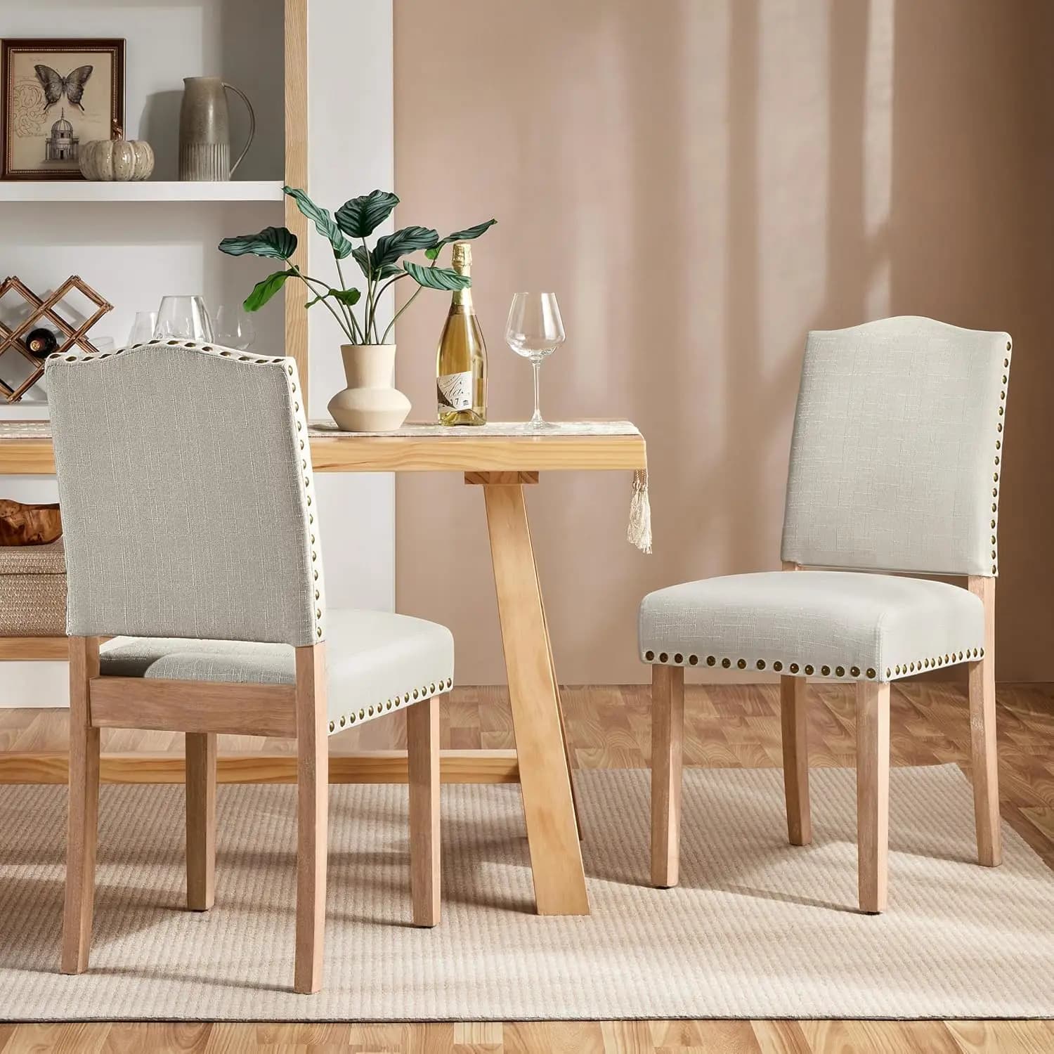 Set di 2 Sedie da Pranzo Imbottite in Tessuto con Bordo Decorativo a Borchie, Gambe in Legno, per Sala da Pranzo, Soggiorno, Ristorante, Appartamento, Personalizzabili