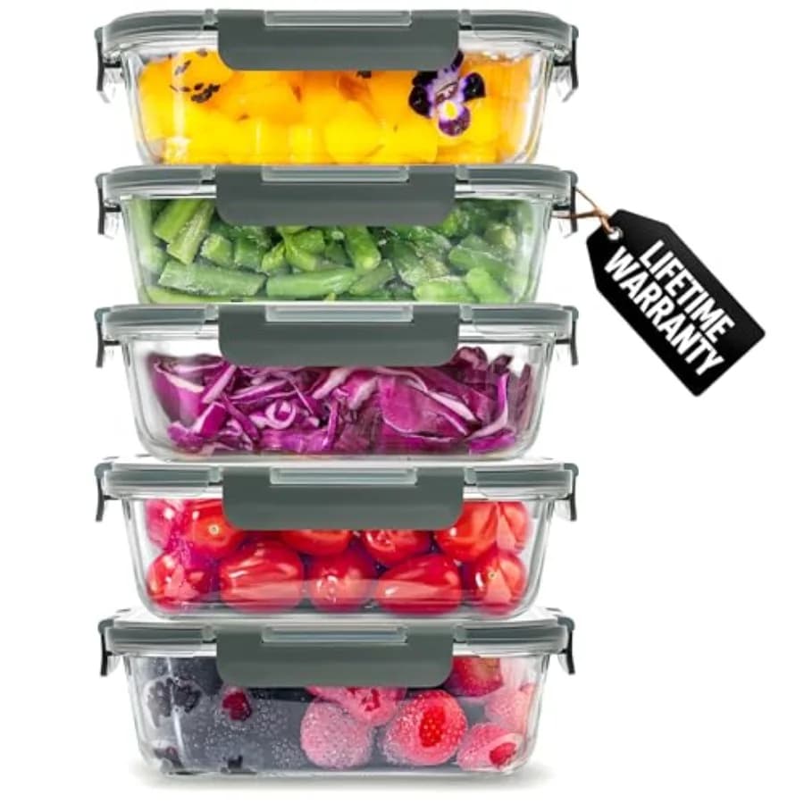 Set di 5 Grandi Contenitori in Vetro da 36oz con Coperchi - Contenitori per Alimenti in Vetro Borosilicato Premium Senza BPA - Lea