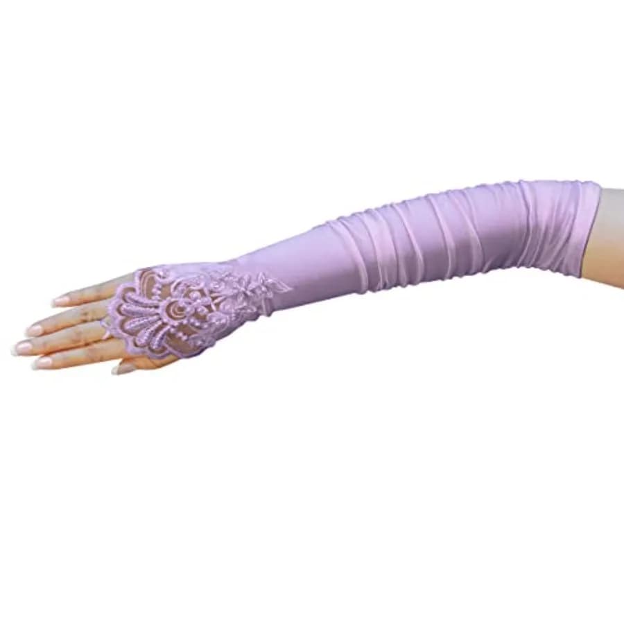 Gathered Satin Fingerless Gloves w/Floral Embroidery Lace and Sequins
