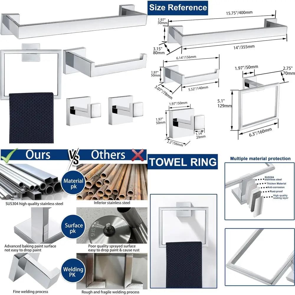 Set di accessori da bagno in cromo lucido da 5 pezzi, portasciugamani in acciaio inossidabile da 16 pezzi, barra quadrata resistente, montaggio a parete