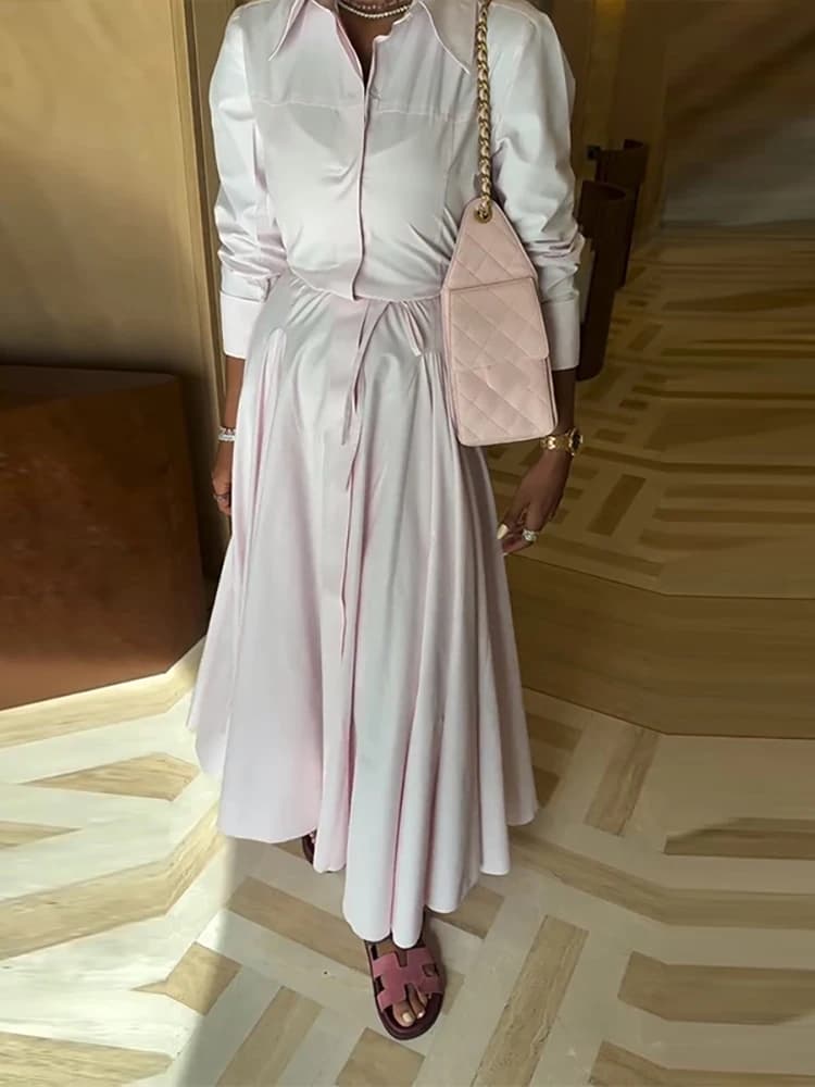 Camicie e gonne a maniche lunghe a vita alta con temperamento Set elegante da pendolarismo Tinta unita Allentato in due pezzi Lady Casual Piega Party Outfit
