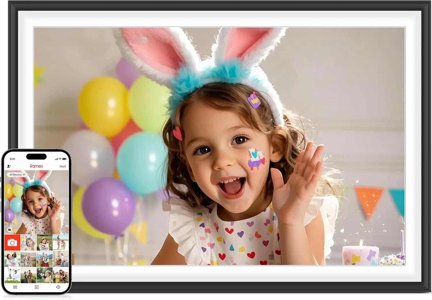 Cornice Digitale WiFi da 10.1 Pollici con Memoria da 32GB, Schermo Touch HD, Rotazione Automatica, Presentazione di Diapositive, Montabile a Parete, Condivisione Remota delle Foto