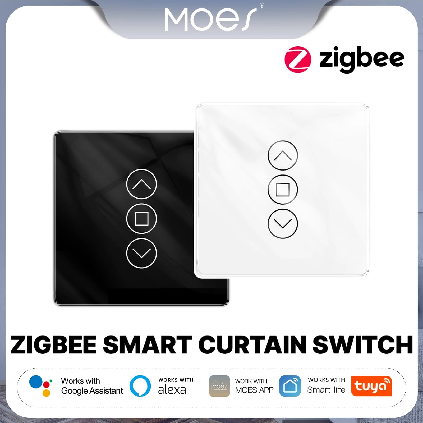 Interruttore per Tende Smart MOES Tuya ZigBee, Pannello Touch in Vetro 2.5D, Controllo Remoto via App, Compatibile con Alexa e Google Home, Controllo Vocale
