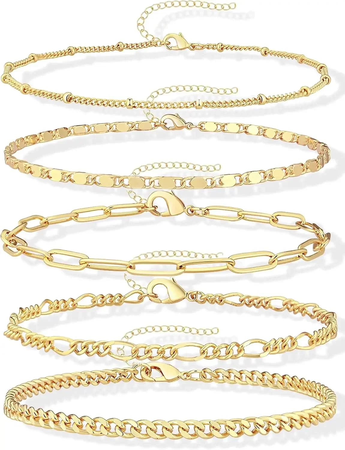 Set di Bracciali in Oro per Donne, Antiossidante e alla Moda, Placcati in Oro 14K, Delicati e Impilabili, Stile Paperclip e Cuban Link