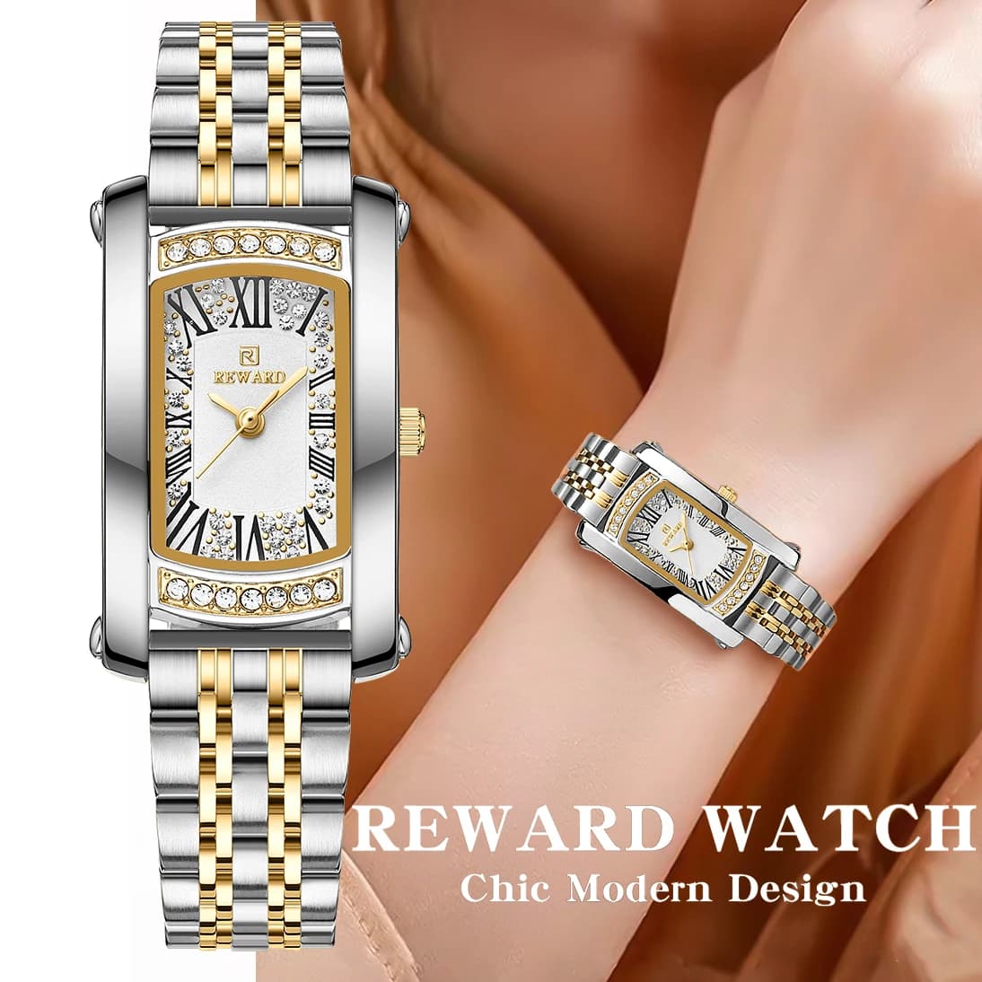 Orologio da polso da donna REWARD di lusso, impermeabile, luminoso, con datario, quadrante rettangolare con diamanti, orologio al quarzo da donna.