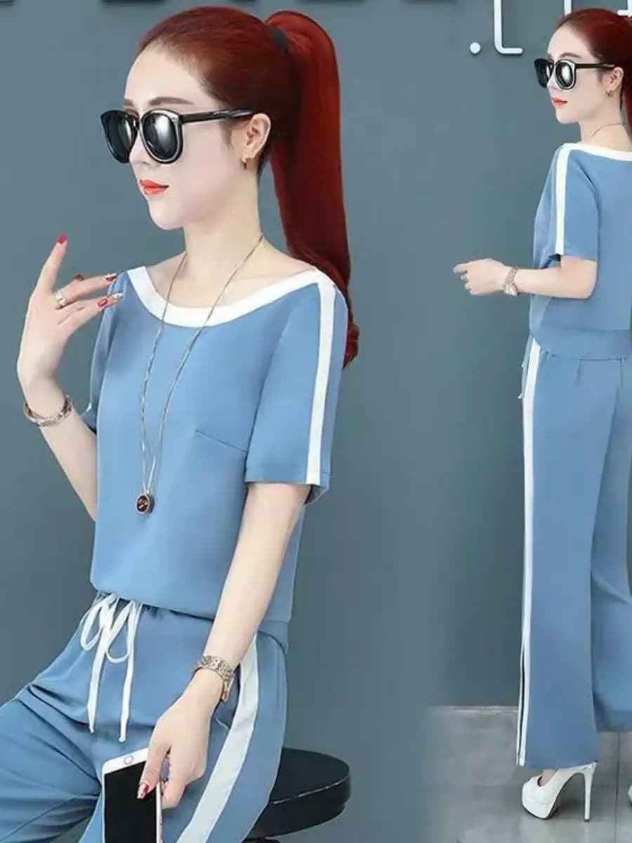 Casual plus Size Sportswear Set Summer Korean Fashion Loose Slimming Split Wide Leg Pants Women's Ensemble Polyester