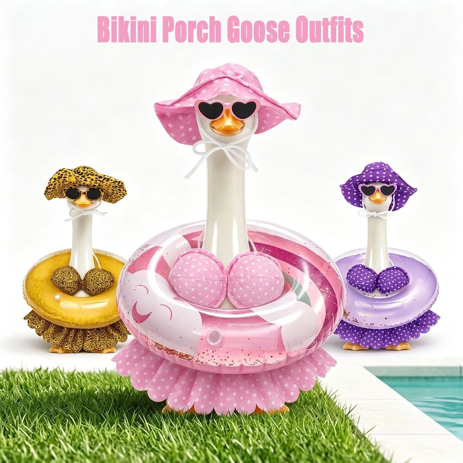 Porch Goose Outfits Summer Bikini Goose Outfit Fits 23" Goose Statue with Hat Sunglasses&Swimming Ring Outdoor Garden Yard Decor