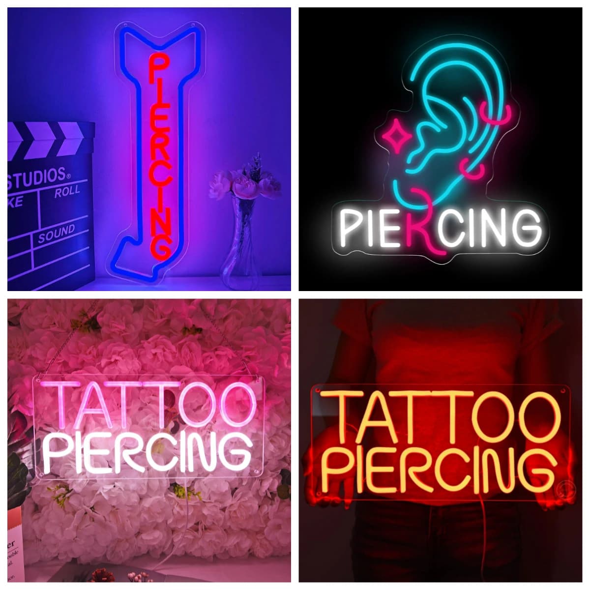 Insegna al Neon a LED per Studio di Piercing, Negozio di Tatuaggi, Barbiere - Decorazione Murale per Attività Commerciali, Insegna Luminosa 'Aperto'