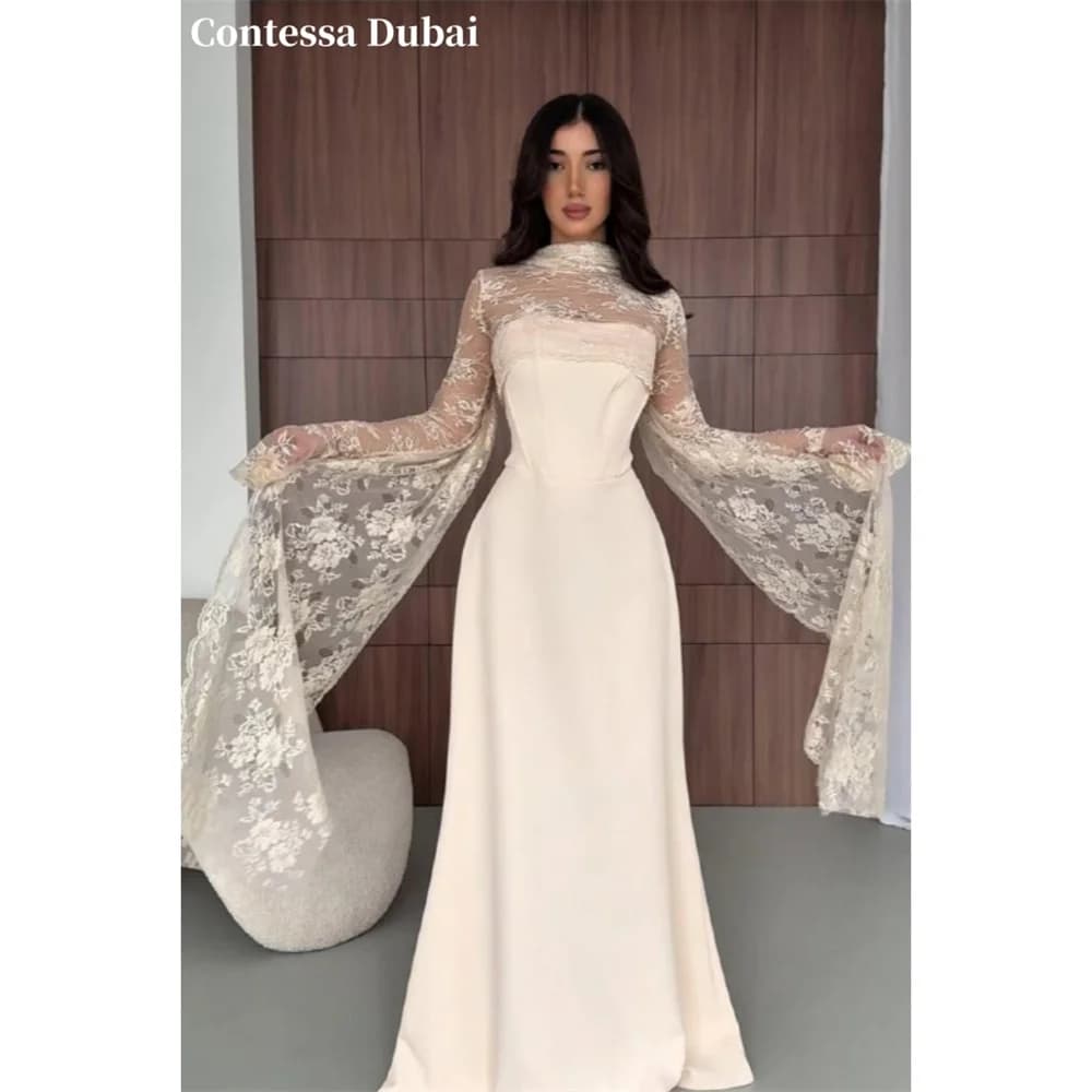 Abito da sera elegante in raso con corsetto e maniche a campana in pizzo, modello A-Line, con cintura, per ballo di fine anno - Vestito da sera formale