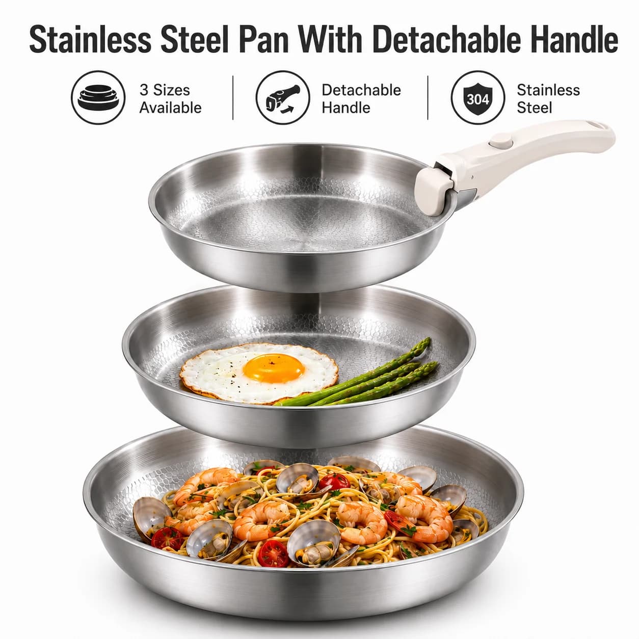 Detachable Handle Frying Pan 3 Ply Stainless Steel Uncoated Skillet Dishwasher Safe Space Saving Cookware For Gas Induction