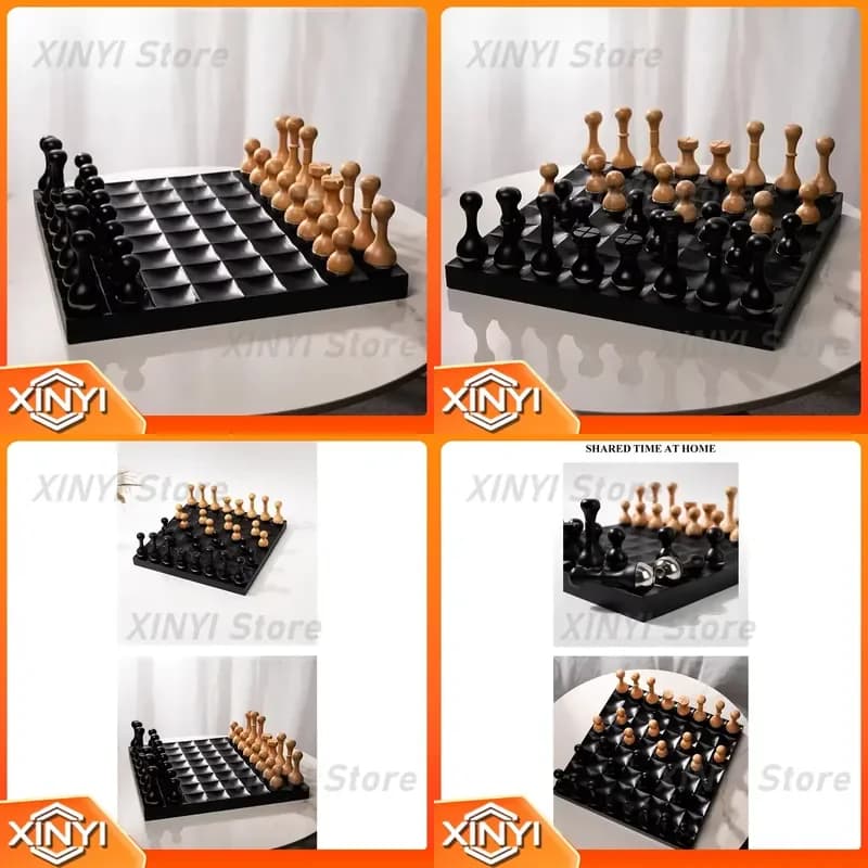 Minimalist Black Metal and Wood Interior Home Chess Set for Living Room Decor Modern Style Board Game Gift