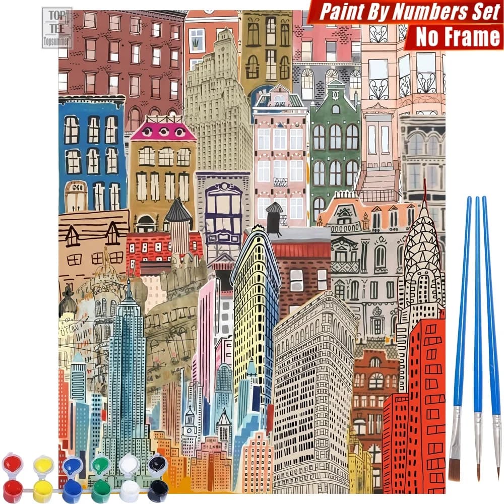 1pc frameless Collage Buildings Colorful DIY Digital Oil Paints Kit - Collage Buildings Unique Canvas Wall Art Halloween Gift Fo