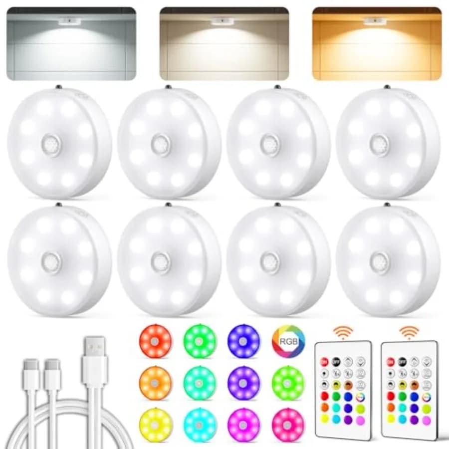 Luci a disco con telecomando, illuminazione ricaricabile per sottopensili, 3 temperature di colore, 12 luci LED RGB con sensore di movimento wireless, Di