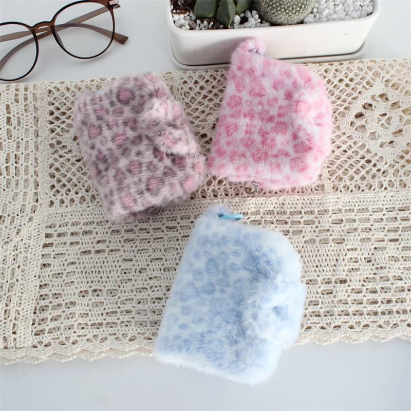 Cute Pink Leopard Print Coin Purse Case Large Capacity Portable Fluffy Blue Credit Card Holder Purse for Women Girls