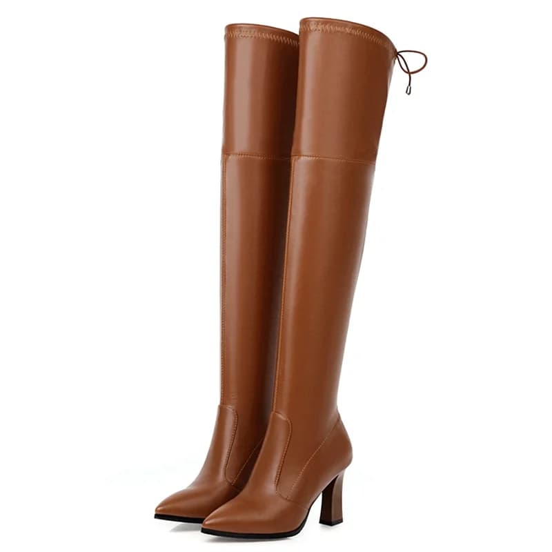 Stivali alti alla coscia elastici Scarpe da donna Stivali lunghi sopra il ginocchio sottili sexy Moda femminile Marrone Argento Nero Scarpe invernali Taglia grande 45