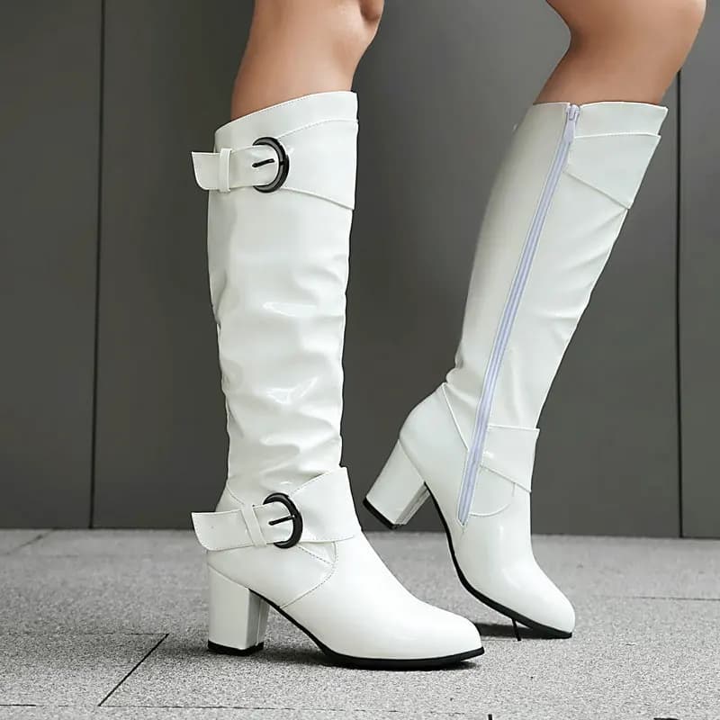 Womens Black Red White Patent Leather Knee High Boots Block High Heel Side Zipper Buckle Decor Ladies Thigh High Booties
