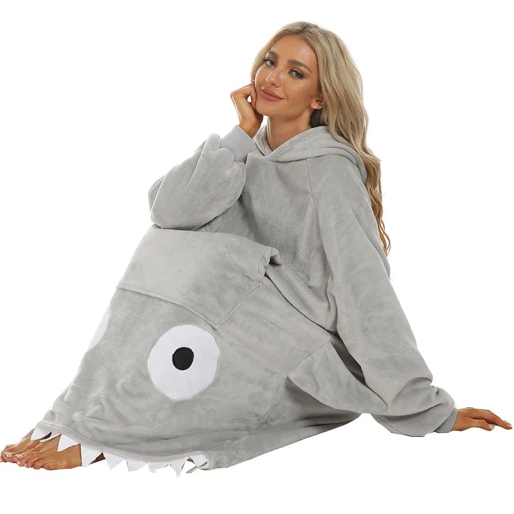 Couple's Shark Pajamas Big Eyes Double-sided Flannel Comfortable Home Clothes Warmth Lazy Home Clothes Long Sleeve Cotton Sleep