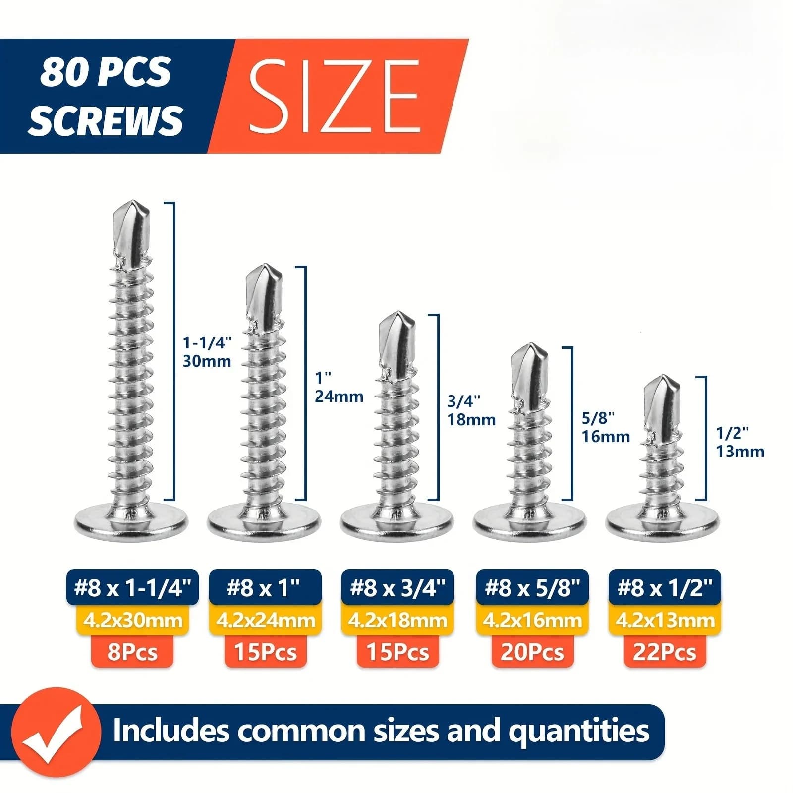 Assortment kit of 80-piece changed sheet metal screws Stainless steel self-tapping screws for plastic wood metal