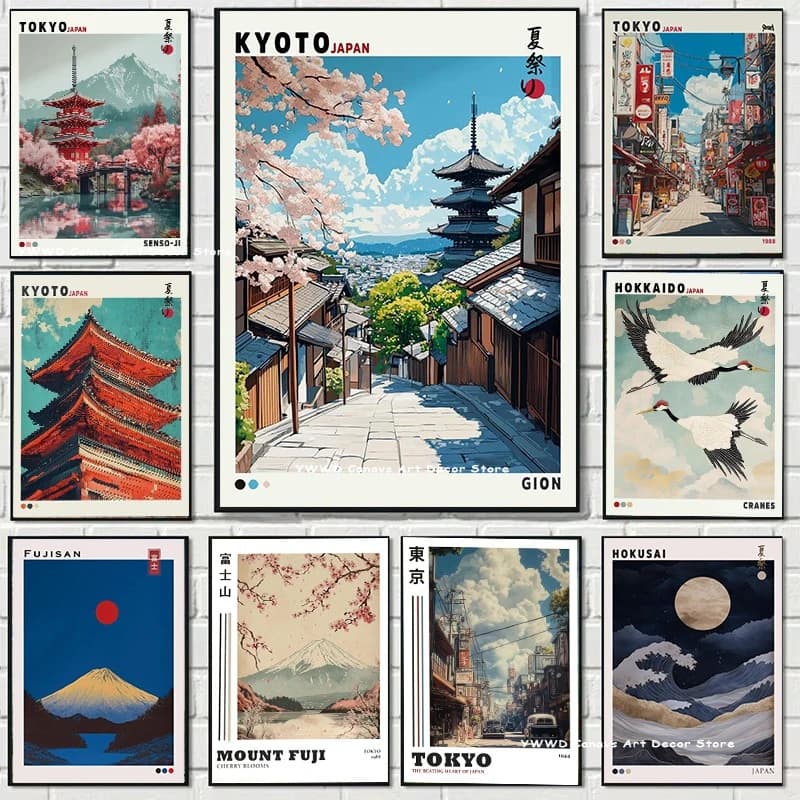 Tokyo Street Cherry Blossom Turismo Stampa su tela Poster Giappone Monte Fuji Alba Paesaggio Pagoda Wall Art Poster per la decorazione domestica