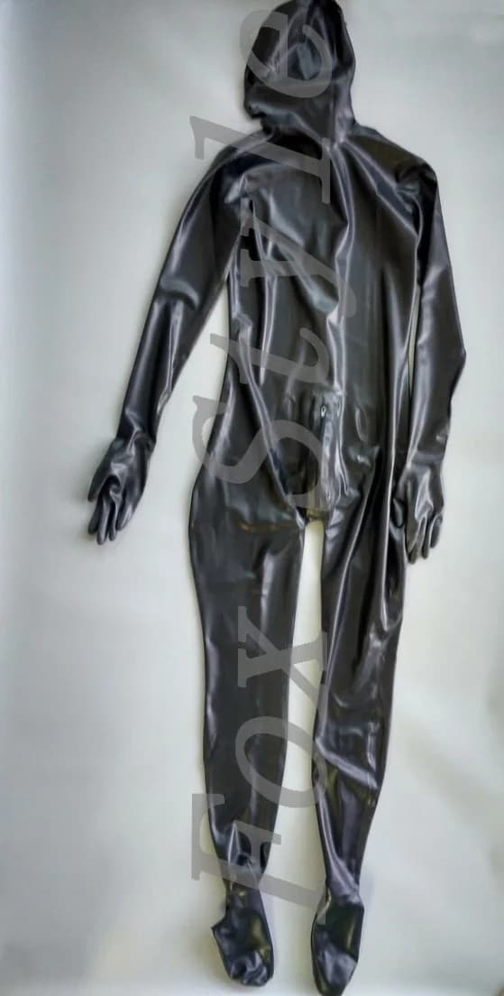 Catsuit da uomo in lattice a copertura totale con cerniera posteriore con pe-nies interni con-doms, comprese cappe, guanti e calzini attaccati