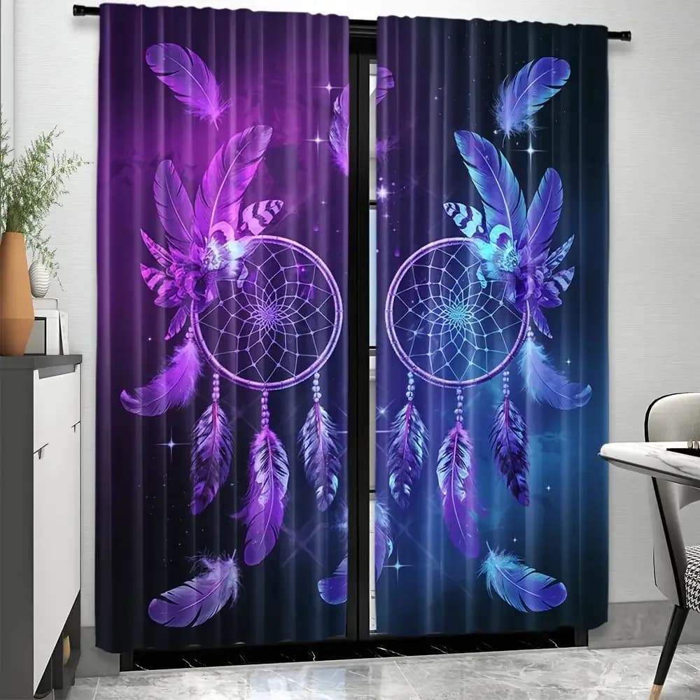 Purple Feather Dream Catcher Theme Print Drapes Room Darkening Window Curtains Home Decor,Rod Pocket Blackout Curtains Bedroom