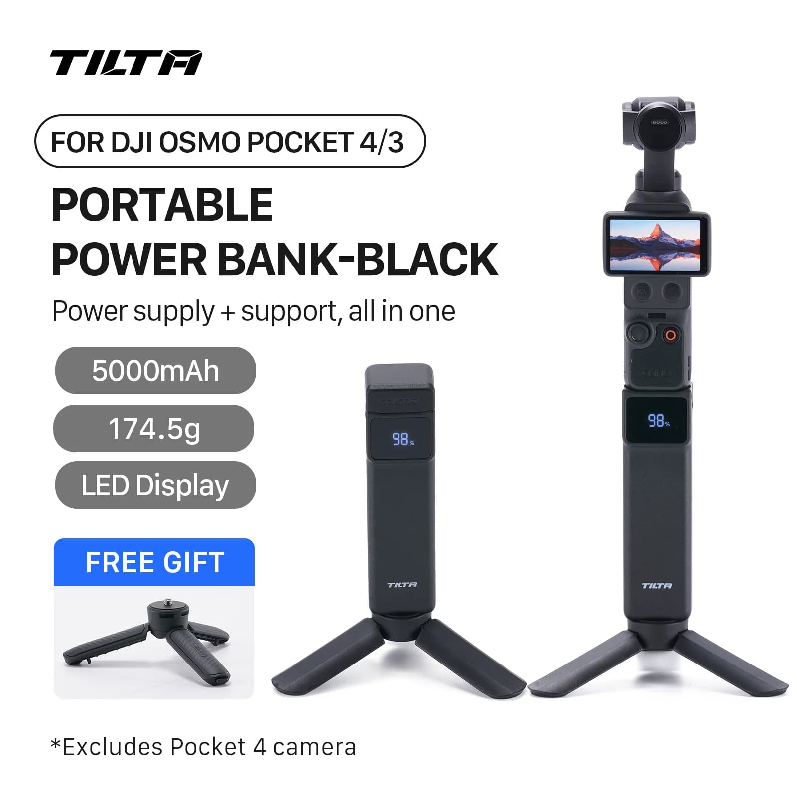 Impugnatura con batteria TILTA per DJI Osmo Pocket 4 e Pocket 3, mini batteria esterna portatile, caricabatterie da viaggio, accessori per fotocamera