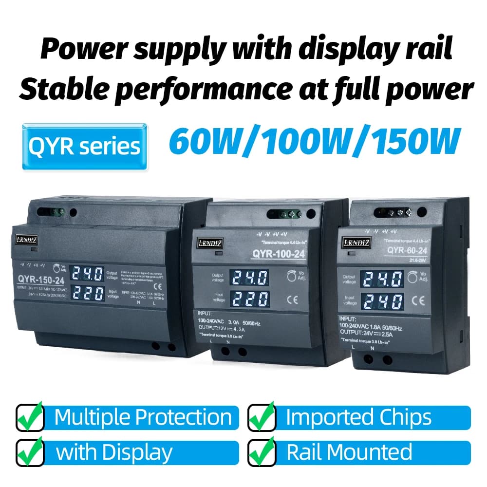 Nuovo alimentatore switching su guida DIN QYR-60W 100W 150W AC-DC 12V 24V con display digitale industriale per striscia luminosa a LED