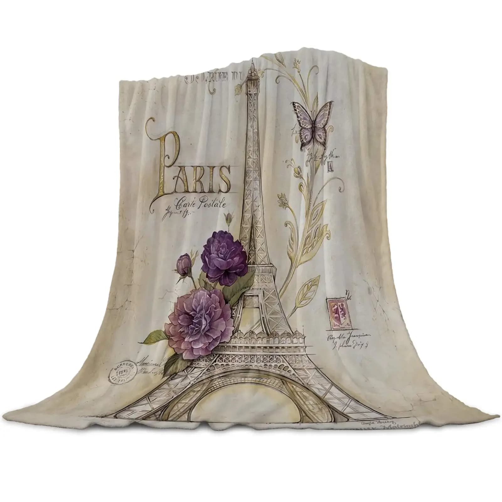 Coperta di flanella Coperta di lusso a tema Parigi marrone azzurro Torre Eiffel Coperta di lusso Morbida microfibra sfocata per tutte le stagioni