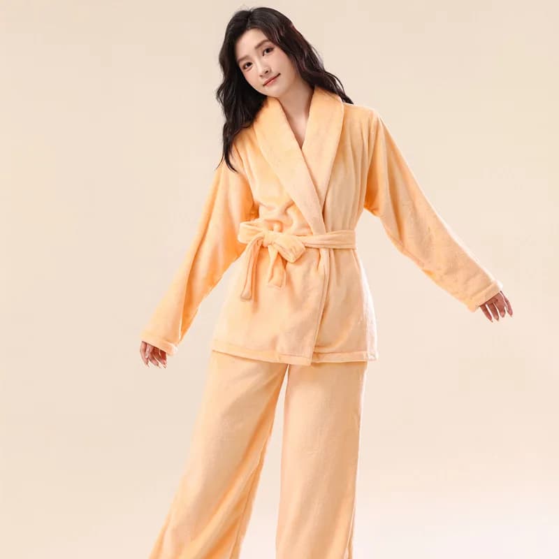 Autumn Winter Thicken 2 Pcs Robe&pant Set Coral Fleece Women Bathrobe Gown Home Wear Long Sleeves Lace-Up Home Clothes Sleepwear